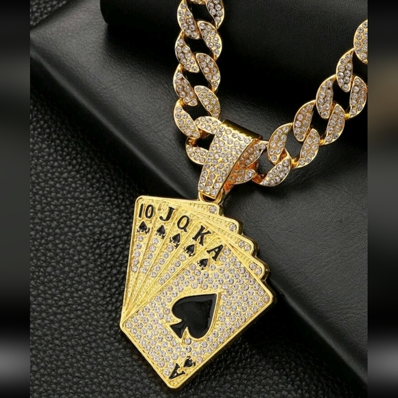 Other - Hip Hop Iced Out Fully Rhinestone Gold Card Pendant & Cuban Chain Necklace 18"
